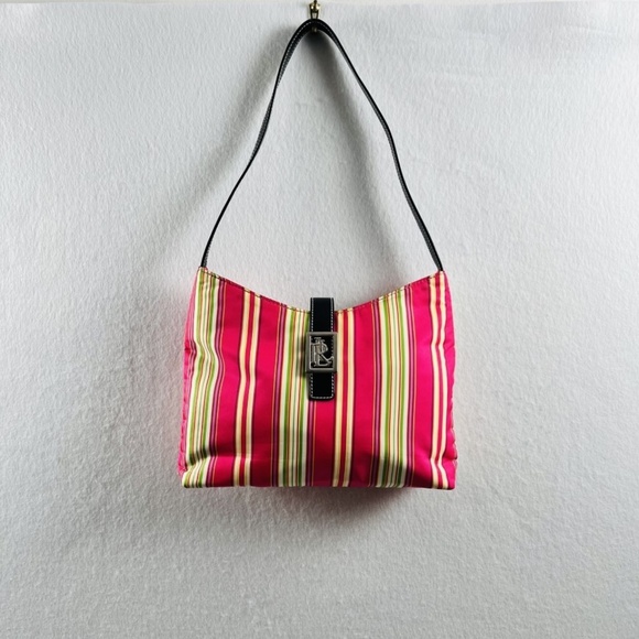 Vintage Y2K Ralph Lauren Pink Stripe Small Baguette Shoulder Bag Girlhoodcore - Picture 1 of 12